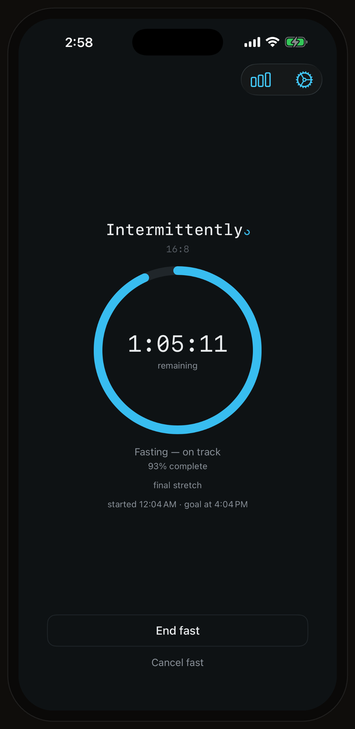 A fast in progress on iPhone: a cyan ring at 93 percent with 1 hour 5 minutes remaining.