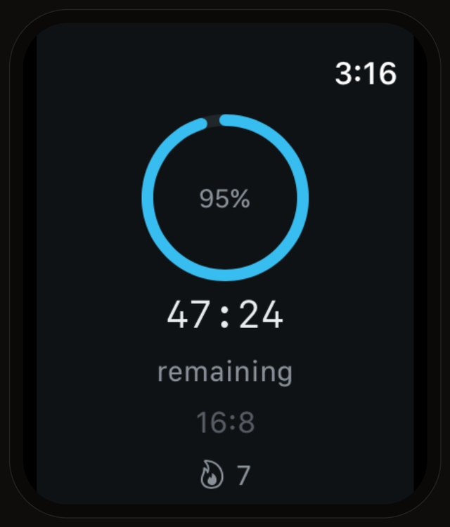Intermittently on Apple Watch: a cyan ring at 95 percent with 47 minutes remaining.